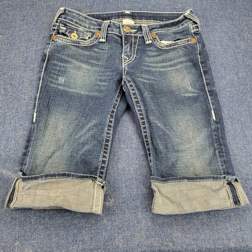 VTG True Religion Med-Wash cuffed Blue denim Bermuda Shorts Low Rise 29 USA Made